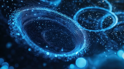 A glowing abstract blue background filled with flying circles made of bright dots and magical digital energy particles