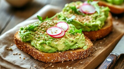 A close-up of toast topped with creamy avocado, radish slices, and a sprinkle of sesame seeds, served on a wooden board with a knife and napkin beside it.