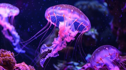 Enchanting violet neon jellyfish in a captivating aquarium, creating a mesmerizing underwater scene