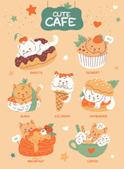 Delicious desserts with cute kawaii cats. Nice cafe menu.