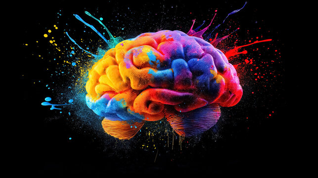 a brain exploding in a vivid array of colorful paint, the concept of creative explosion and the generation of original ideas