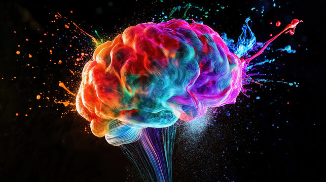 a brain exploding in a vivid array of colorful paint, the concept of creative explosion and the generation of original ideas