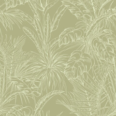 Seamless pattern with tropical leaves on light green background. Exotic botanical background. Hand drawn vector illustration.