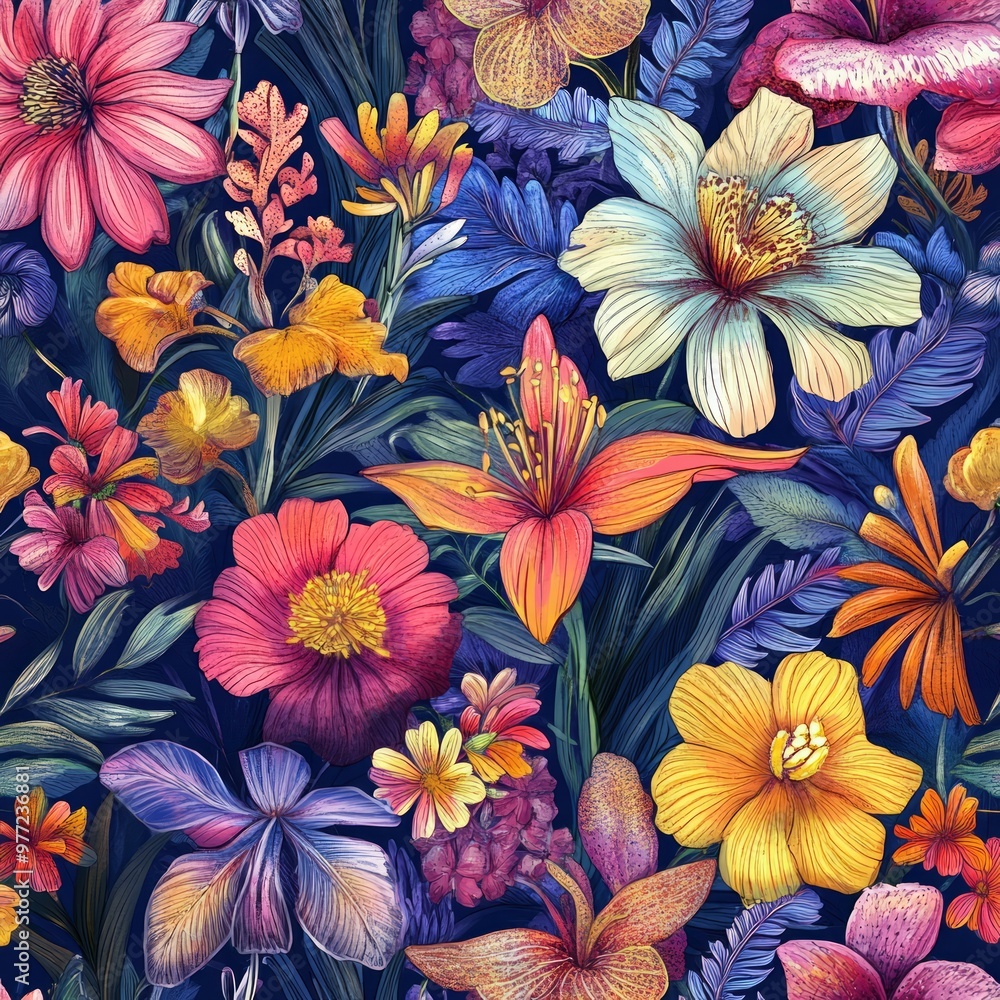 Poster A vibrant floral pattern featuring various colorful flowers.