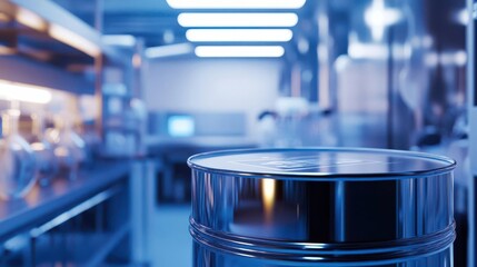 An image of a 55-gallon oil drum in a modern laboratory setting