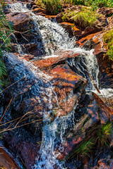 Water flowing over rocks and through vegetation in the mountains of the state of Minas Gerais