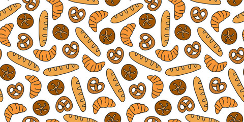 Cute seamless pattern with doodle bread, bagels, croissants and brezels. Bakery background.