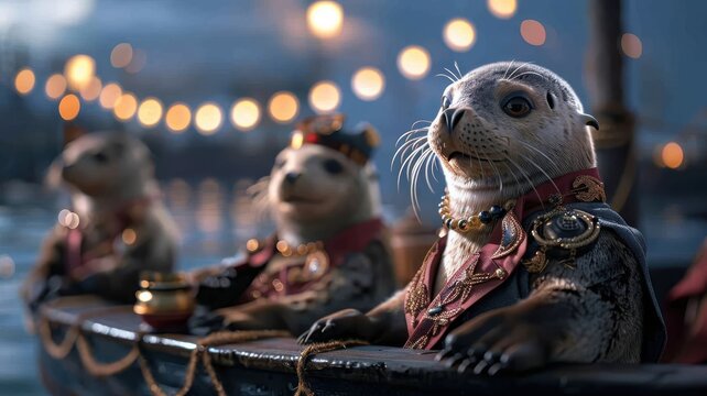 Group of seals in high-end attire at moonlit beach soirée.