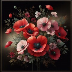 Vibrant bouquet of red and pink flowers with lush green foliage on a dark background.