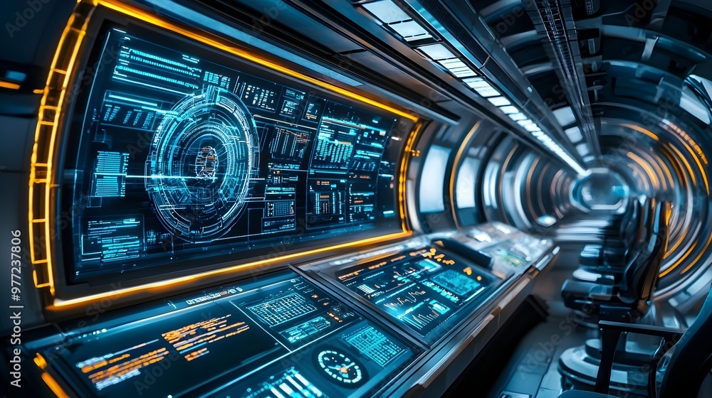 Poster high-tech control room of a futuristic hyperloop transportation system