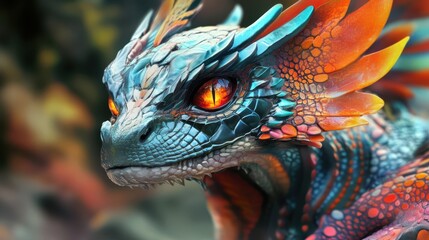 Close-up of a striking animal with sharp features, glowing, jewel-like eyes, and bold, colorful patterns on its skin.