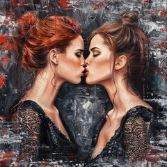 Obraz premium A Painting Of Two Women Kissing, a high resolution AI illustration