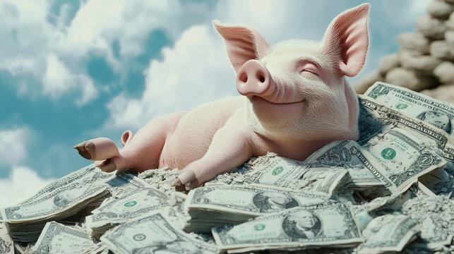 A joyful pig relaxes on a mountain of money, embodying the idea of abundance, wealth, and financial satisfaction.