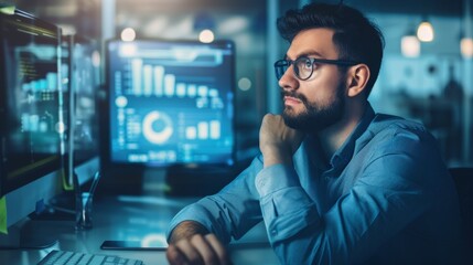 Businessman at desk analyzing revenue charts on digital screen, focused on financial growth and business success, office equipment in background.