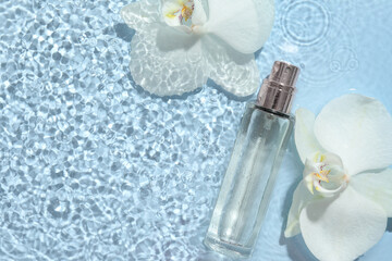 Beautiful orchid flowers and bottle of perfume in water on light blue background, flat lay. Space...