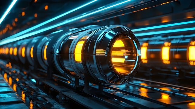 Futuristic Hyperloop Tubes Glowing with LED Lights in Night Urban Landscape