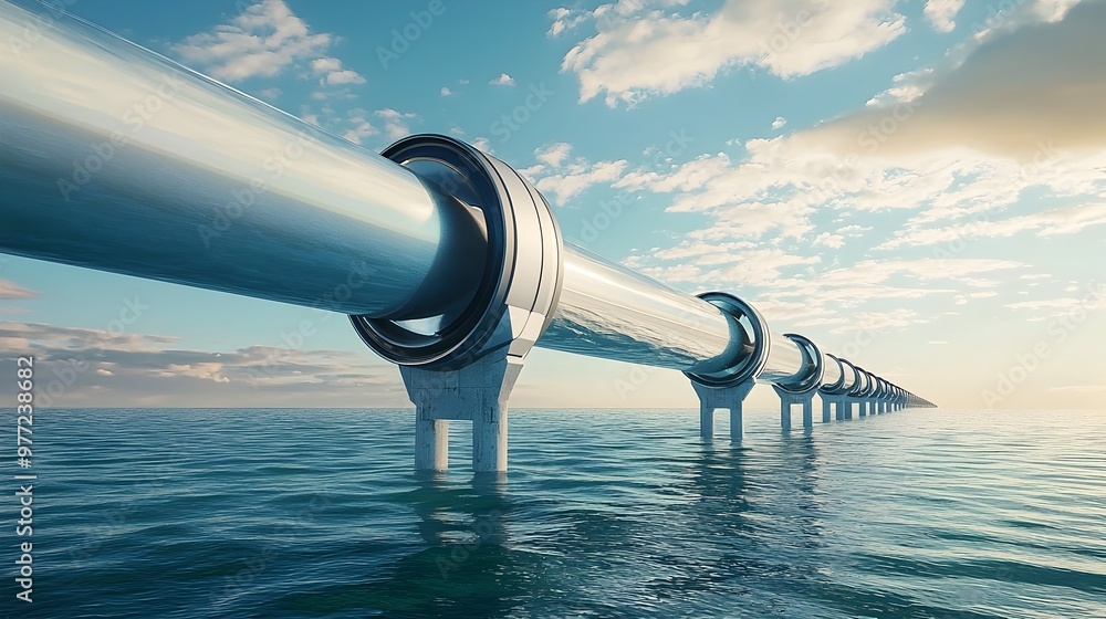 Poster hyperloop tube extending over waterscape,representing ambitious high-speed transit vision