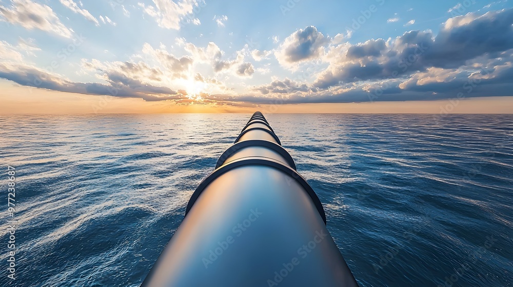 Poster hyperloop tube extending over water,representing seamless high-speed transit