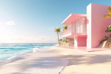 Obraz premium Pink Modern House on a Sandy Beach with Palm Trees and a Blue Ocean