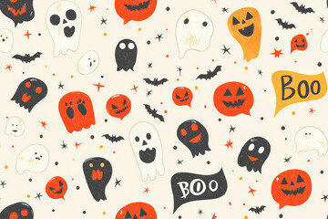 Abstract seamless pattern with halloween design of speech bubble and word BOO on a beige background.