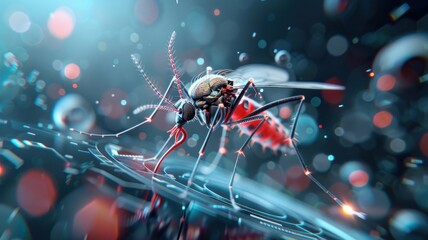 Surreal mosquito levitating amidst a vortex of colors and shapes.