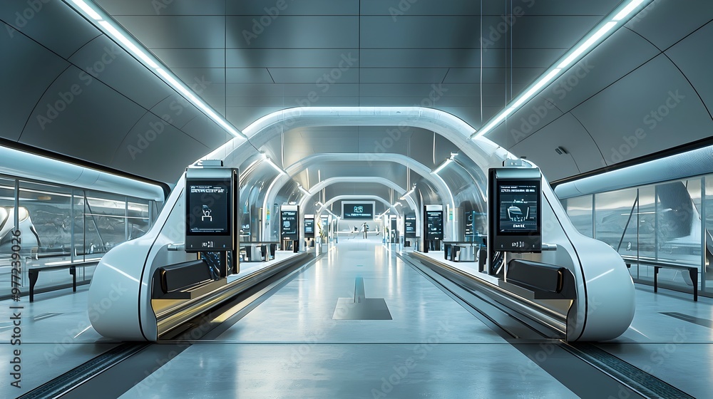 Poster futuristic hyperloop terminal with automated boarding and holographic interfaces for modern travel