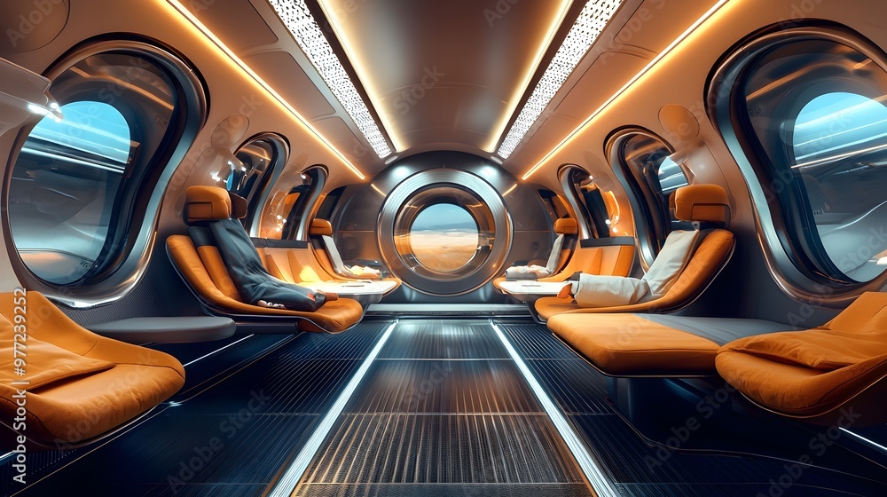 Poster rendering of hyperloop pod interior with ergonomic seating and virtual reality entertainment for