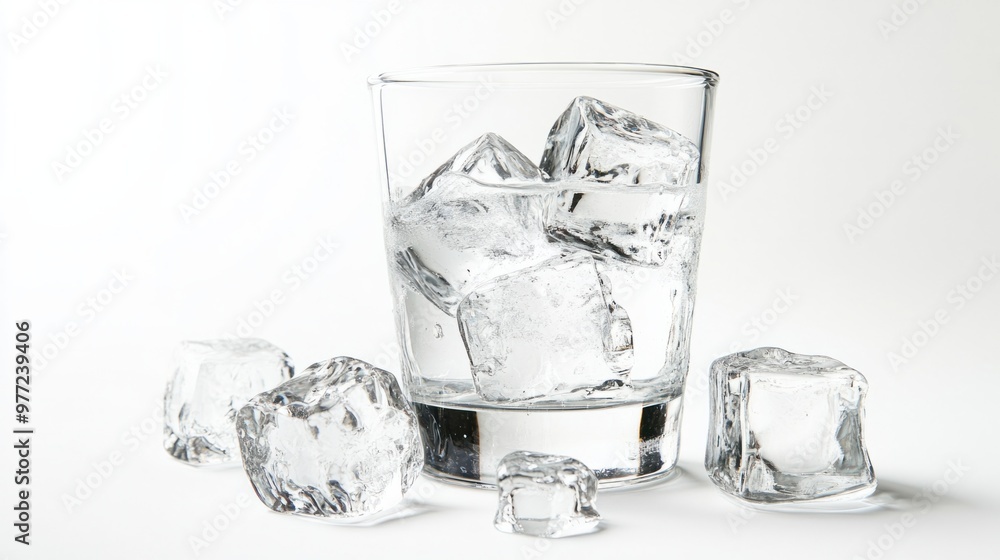 Poster a glass of vodka with large, clear ice cubes, creating a refreshing look on a bright white backgroun