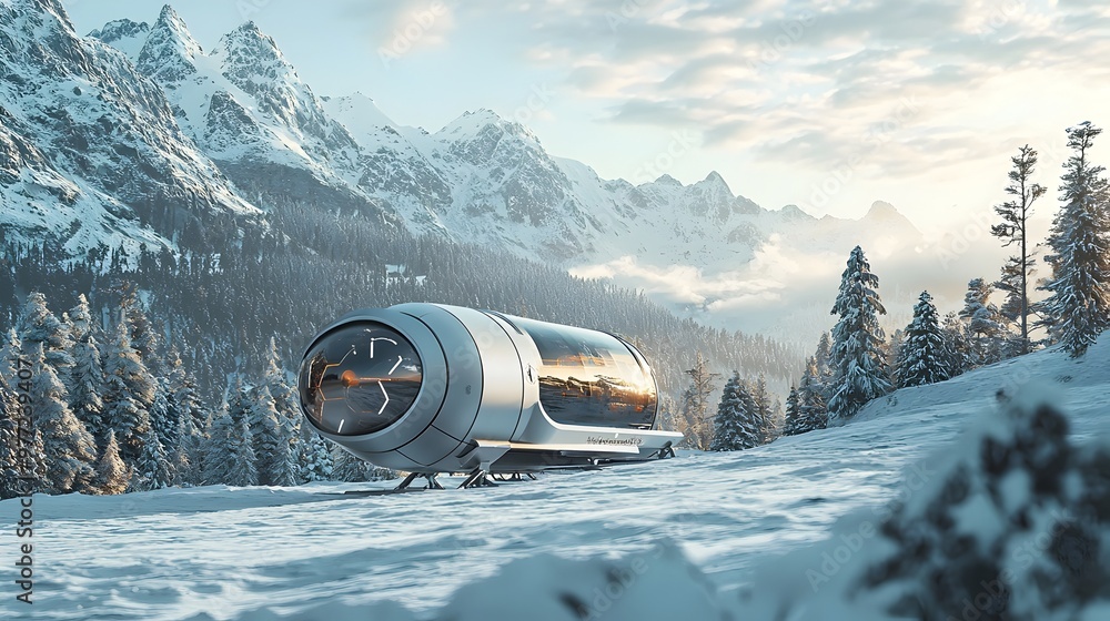 Poster hyperloop pod traversing snowy mountain landscape with high-speed travel technology