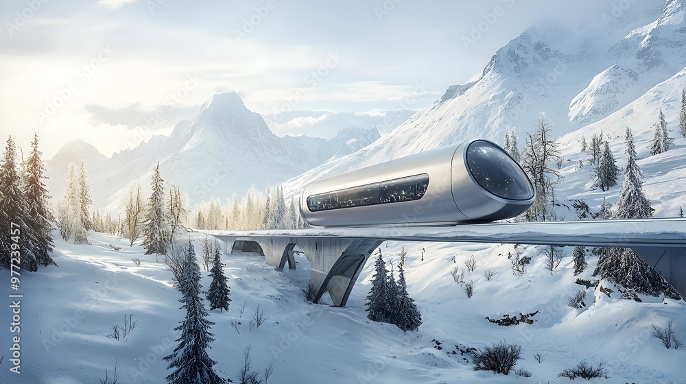 Poster hyperloop pod navigating snowy mountain landscape,advanced transportation technology in diverse