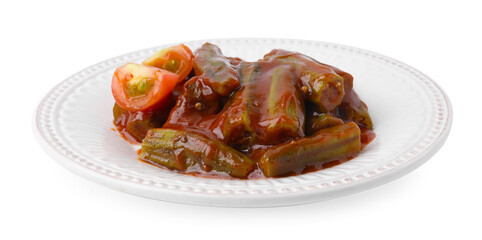 Tasty stew with okra and tomato sauce isolated on white