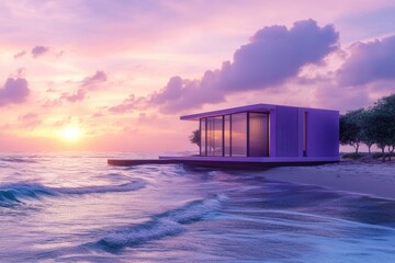 Fototapeta premium Modern purple house on the beach at sunset