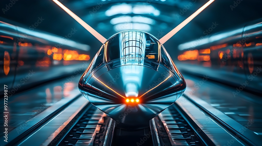 Poster futuristic hyperloop pod design with aerodynamic shape and advanced materials