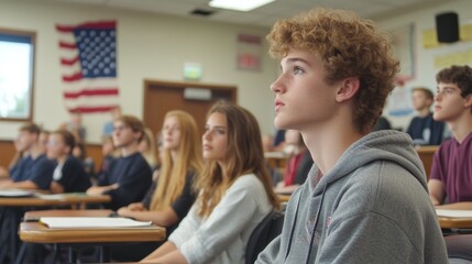 American high school students debating politics in a classroom engaged in thoughtful discussion