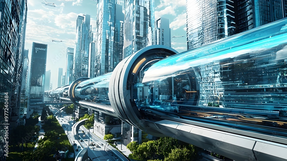 Poster hyperloop system integrated with futuristic urban architecture,tubes winding through skyscrapers