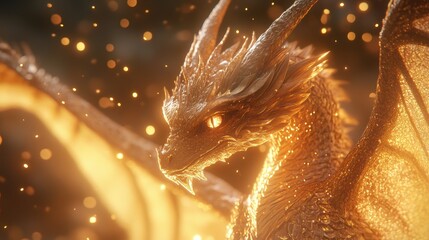 Close-up of a fairy tale dragon with delicate wings, sparkling eyes, and intricate golden scales, surrounded by soft, glowing light. © bajita111122