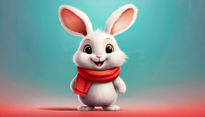 Obraz premium Cartoon rabbit in a red scarf: a cute illustrated animal on a pastel background