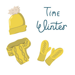 Vector illustration of a knitted hat, mittens and scarf. Set of warm clothes in the cold season. Concept of winter fashion.