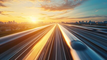 Obraz premium Cross-Country Hyperloop System at Dramatic Sunrise,Futuristic Transportation Pods Speeding Towards