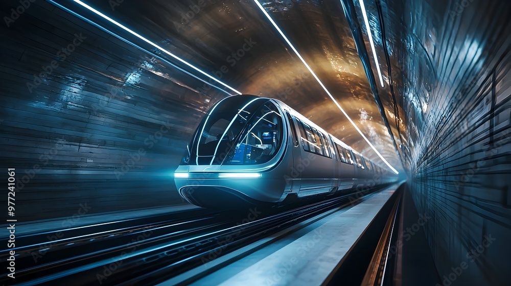 Poster hyperloop pod traveling through futuristic tunnel with bright led lights