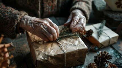 An elderly woman carefully wraps gifts for the upcoming New Year, using natural materials and a warm, inviting workspace filled with personal touches and rustic charm
