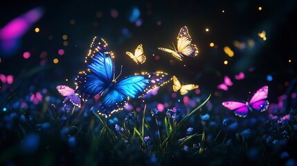 Glowing neon butterflies fluttering in a dark garden, magical glow time, enchanting and whimsical
