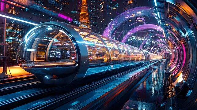 Hyperloop Pod Speeding Through Illuminated Futuristic Cityscape at Night