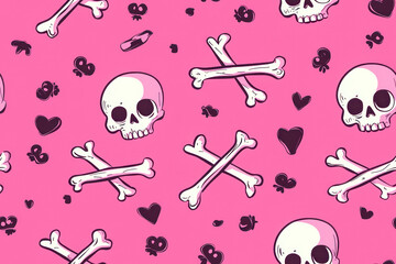 Pink cartoon skull with crossed bones seamless pattern.