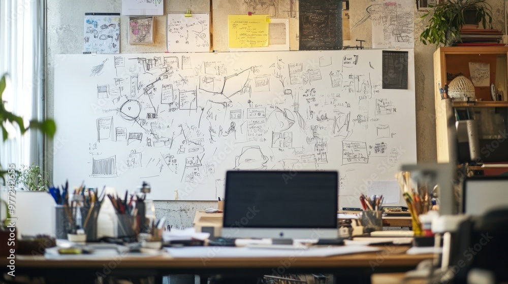 Poster a creative workspace with a whiteboard full of brainstorming sketches and notes, capturing the essen