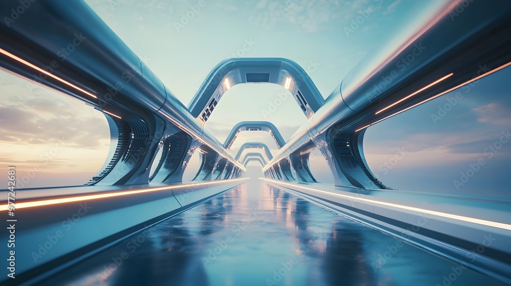 Poster futuristic hyperloop transportation passing through innovative bridge design