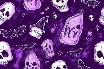 Scary violet holiday horror sketch art. Magic halloween pattern print.