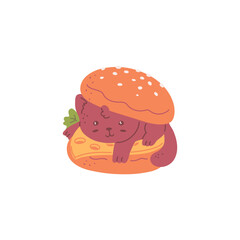 Cute cat in burger icon, funny cheeseburger with kitten, cheese and bun, vector cartoon animal food children cafe menu