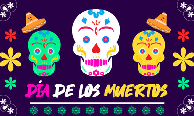 Mexican day of the dead dia de los muertos holiday. Guitars and maracas, calavera skull and sombrero , tropical flowers or candles. Holiday concept template. perfect for background, Greeting Card, Pos