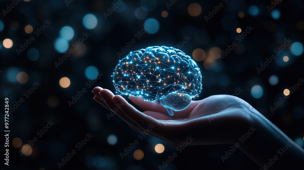 Poster technology and innovation concept. artificial intelligence and neural networks. hand holding a digit